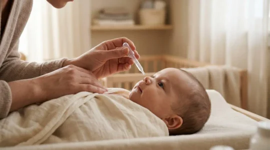 Maman tenant délicatement une pipette de sérum physiologique près du visage paisible de son bébé dans une ambiance douce et lumineuse