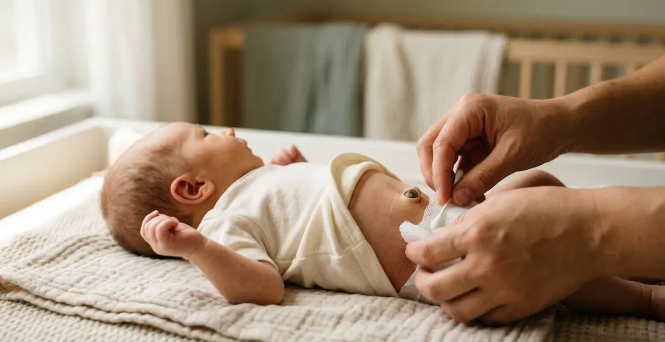 Nouveau-né lors du soin du cordon ombilical avec compresses et produits d'hygiène