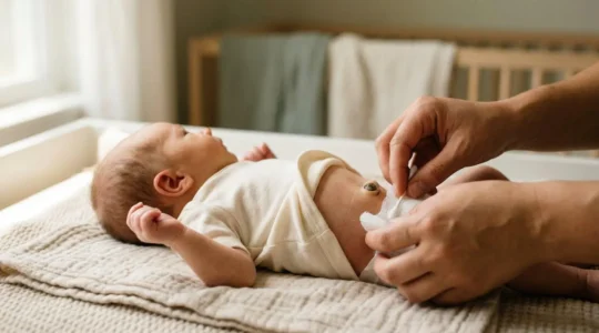 Nouveau-né lors du soin du cordon ombilical avec compresses et produits d'hygiène