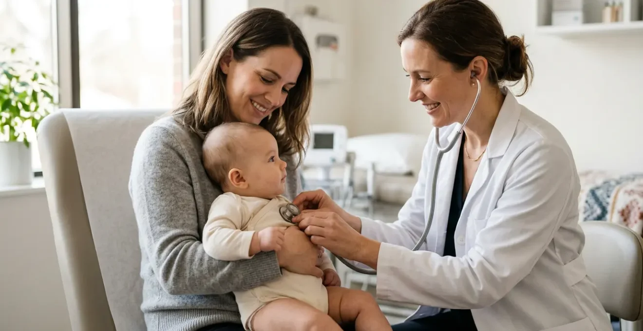 Pédiatre ausculte un bébé dans les bras de sa mère lors d'une consultation de suivi médical