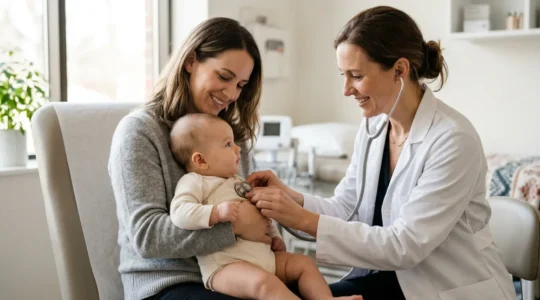 Pédiatre ausculte un bébé dans les bras de sa mère lors d'une consultation de suivi médical