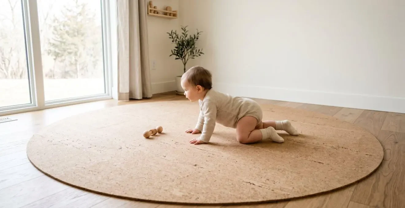 Vue large d'un espace de jeu minimaliste avec bébé sur surface ferme naturelle