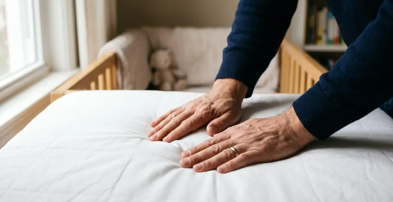 Test de fermeté d'un matelas de bébé avec pression manuelle