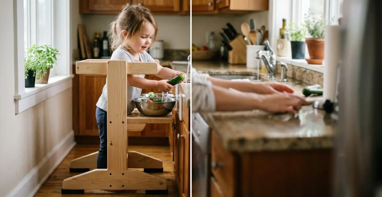 Tour d'observation sécurisée dans une petite cuisine avec enfant participant à la préparation des repas