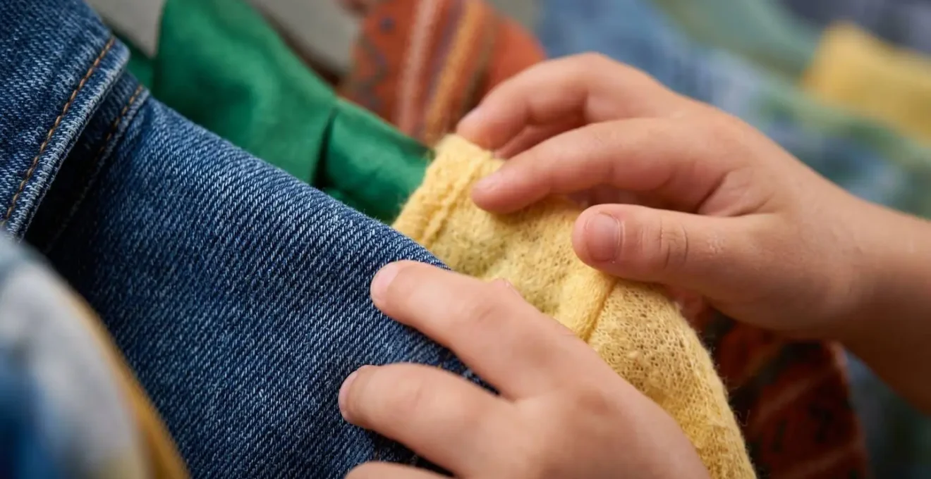 Espace d'habillage adapté à la taille de l'enfant avec vêtements accessibles et miroir à sa hauteur