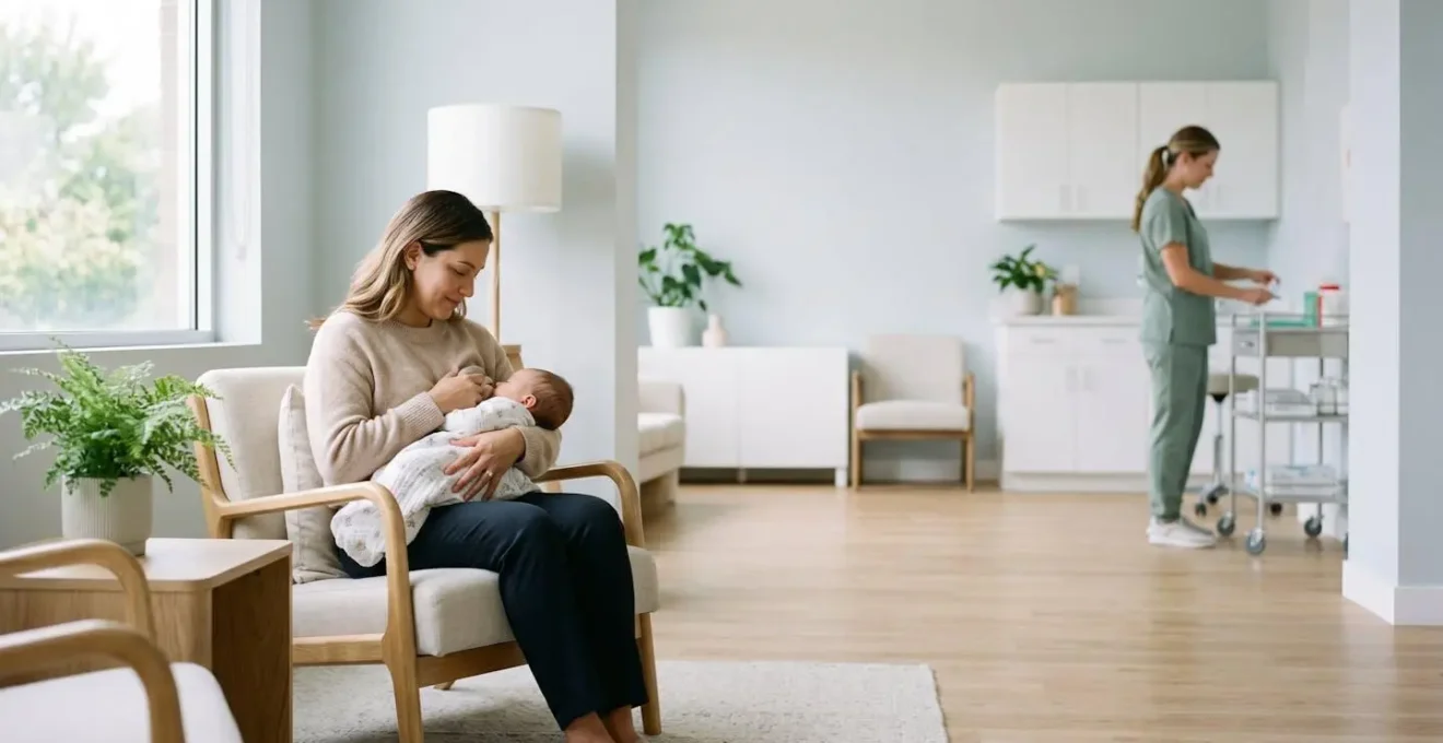 Mère allaitant son bébé pendant qu'une infirmière prépare le vaccin en arrière-plan